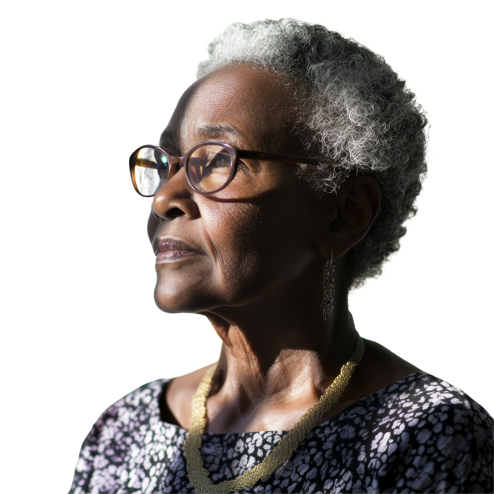 Elegant older black woman gazes thoughtfully while illuminated by soft sunlight indoors, attractive black older woman, file of isolated object with shadow on transparent background png