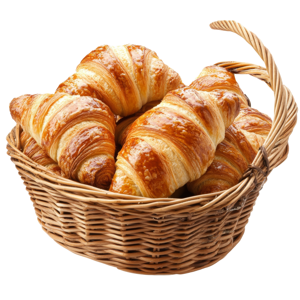 Freshly baked croissants in a wicker basket ready to serve at a local bakery, Freshly Baked Croissants in a Bakery Basket Isolated on transparent background png
