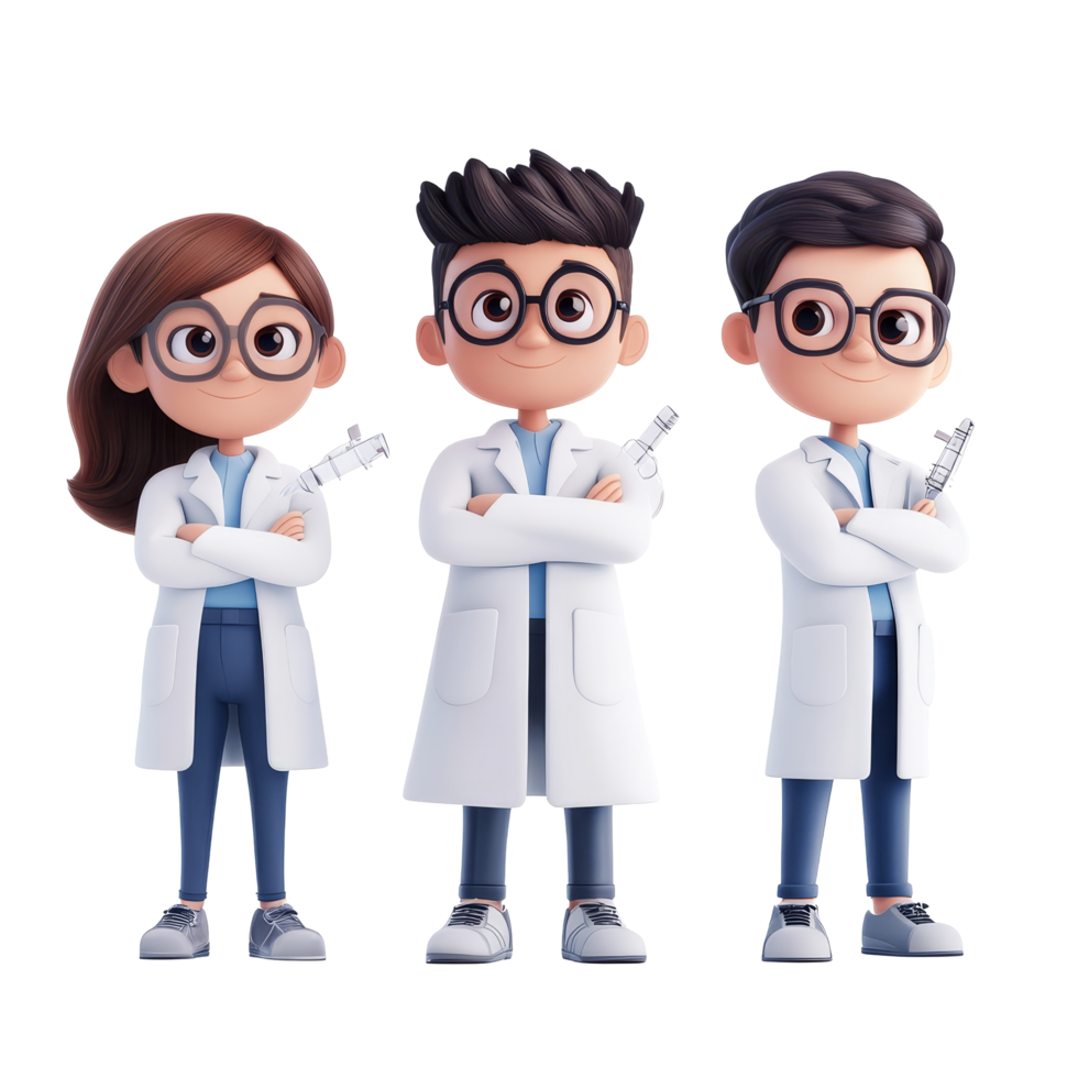 Cartoon student characters wearing lab coats and holding science equipment in a classroom setting, Group of 3D cartoon character student wearing scientific lab coat isolated on transparent background png