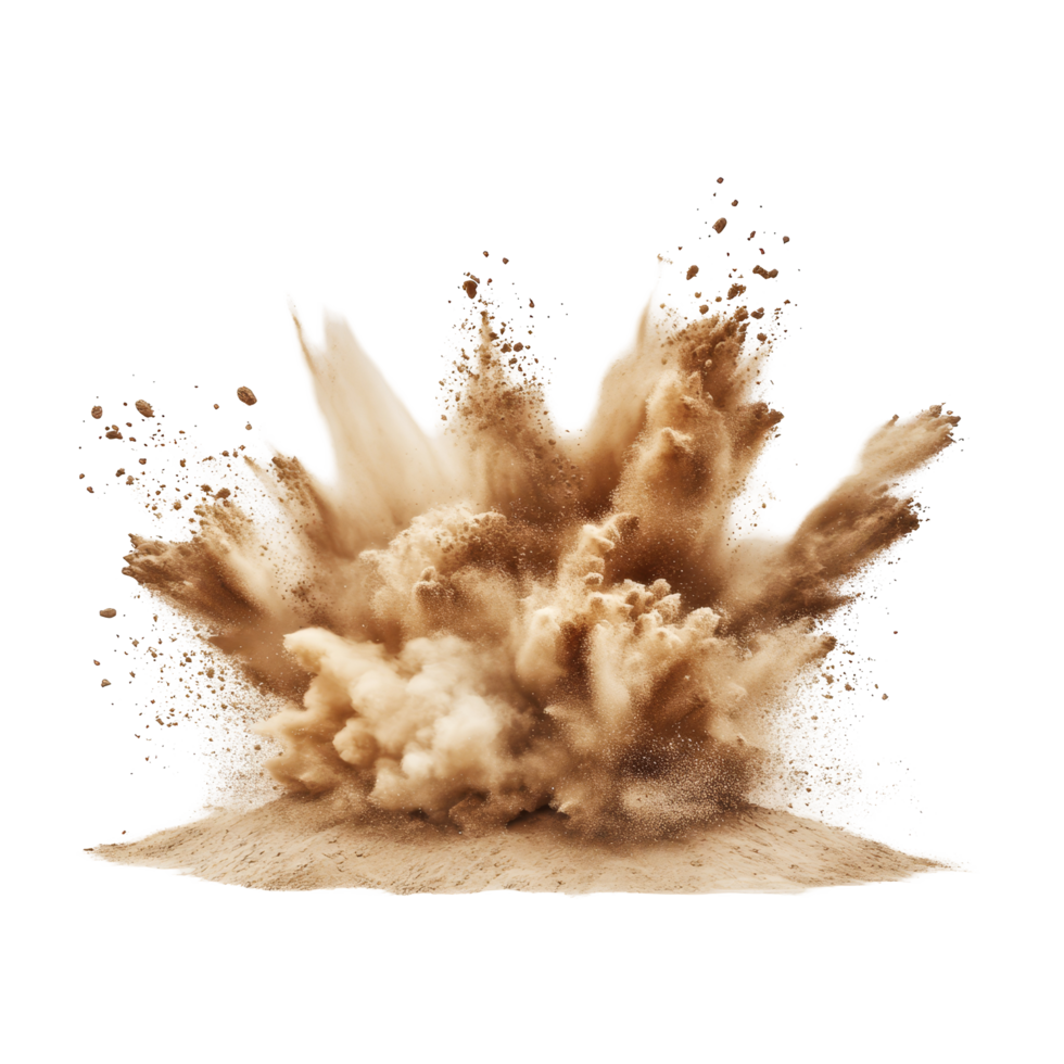 A dramatic explosion of desert sand erupts against a clean transparent backdrop showcasing dynamic motion and texture, pile desert sand explosion on transparent backgroundfile png