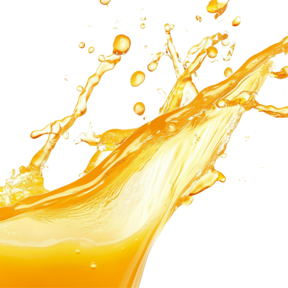 Dynamic orange juice splash flowing gracefully on a transparent background highlighting freshness and vitality, orange juice splash wave flow isolated on transparent background png