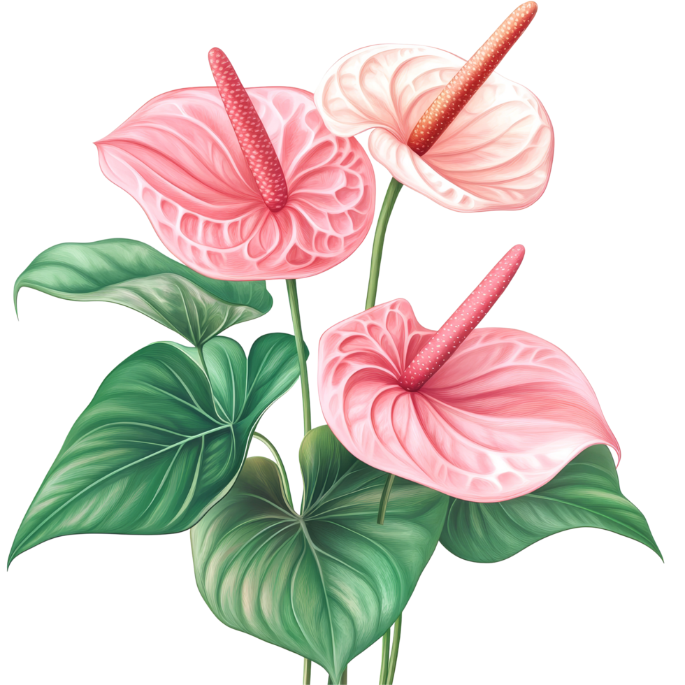 Flamingo flowers bloom vividly against a transparent background, highlighting their unique texture and colors, flamingo flowers anthurium isolated transparent background png