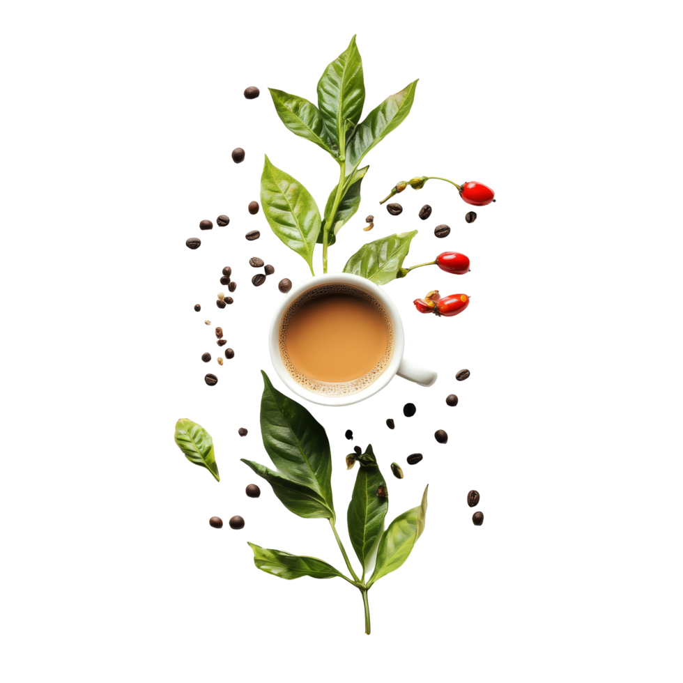 Fresh coffee leaves surrounding a cup of instant coffee with pepper on a transparent background, instant coffee leaves and pepper cup on transparent background png