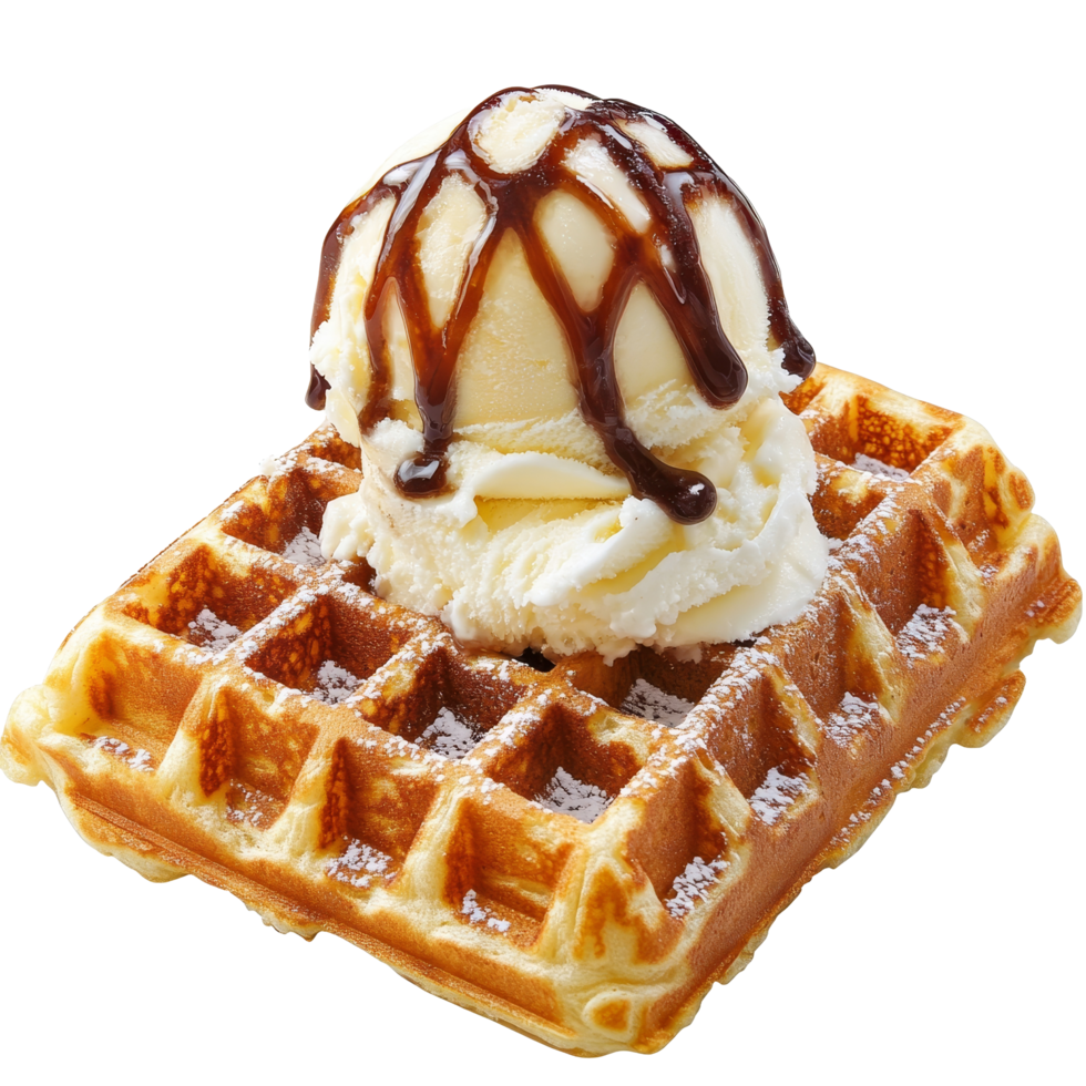 Delicious waffles topped with creamy ice cream and chocolate drizzle for a perfect dessert experience, portion of waffles with ice cream png