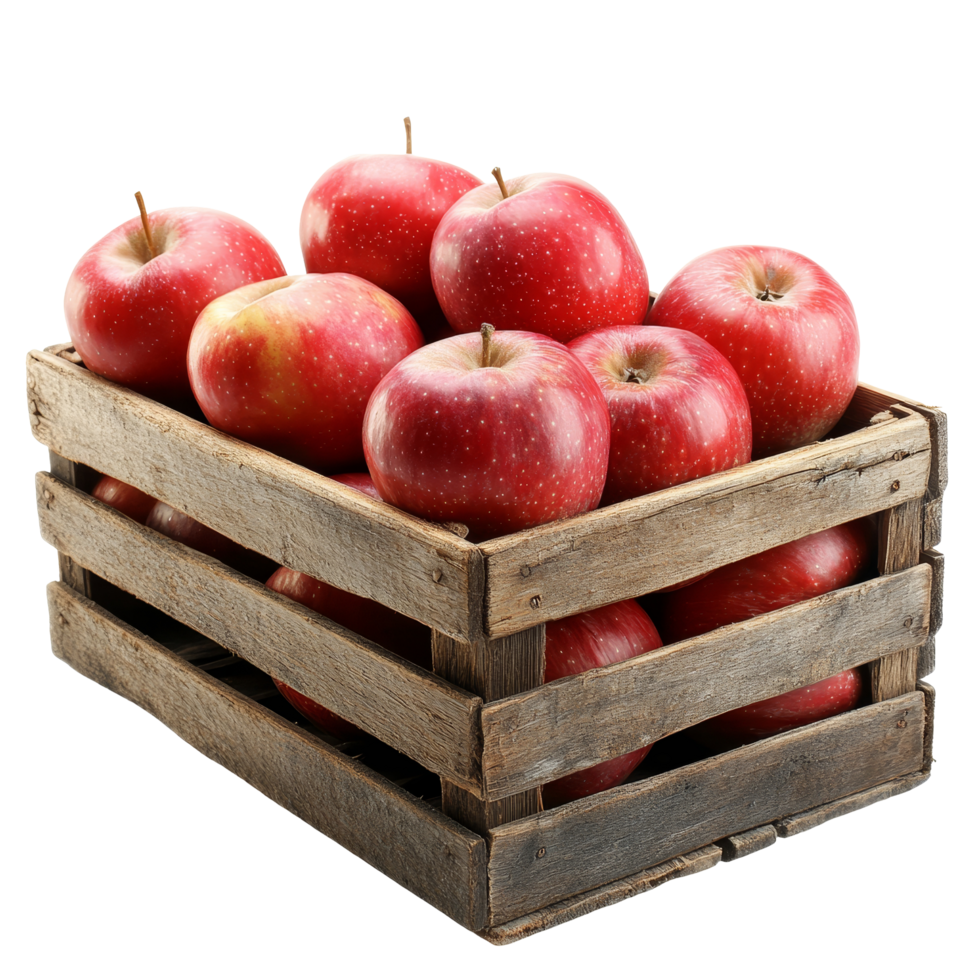 Fresh red apples arranged neatly in a rustic wooden box on a clean transparent background, red apples in wooden boxisolated on transparent background png