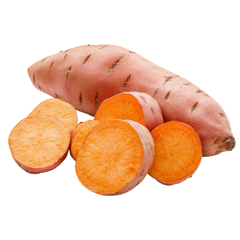 Fresh sweet yam potatoes on a transparent background ready for cooking or baking in various healthy recipes, sweet yam potato on transparent background png
