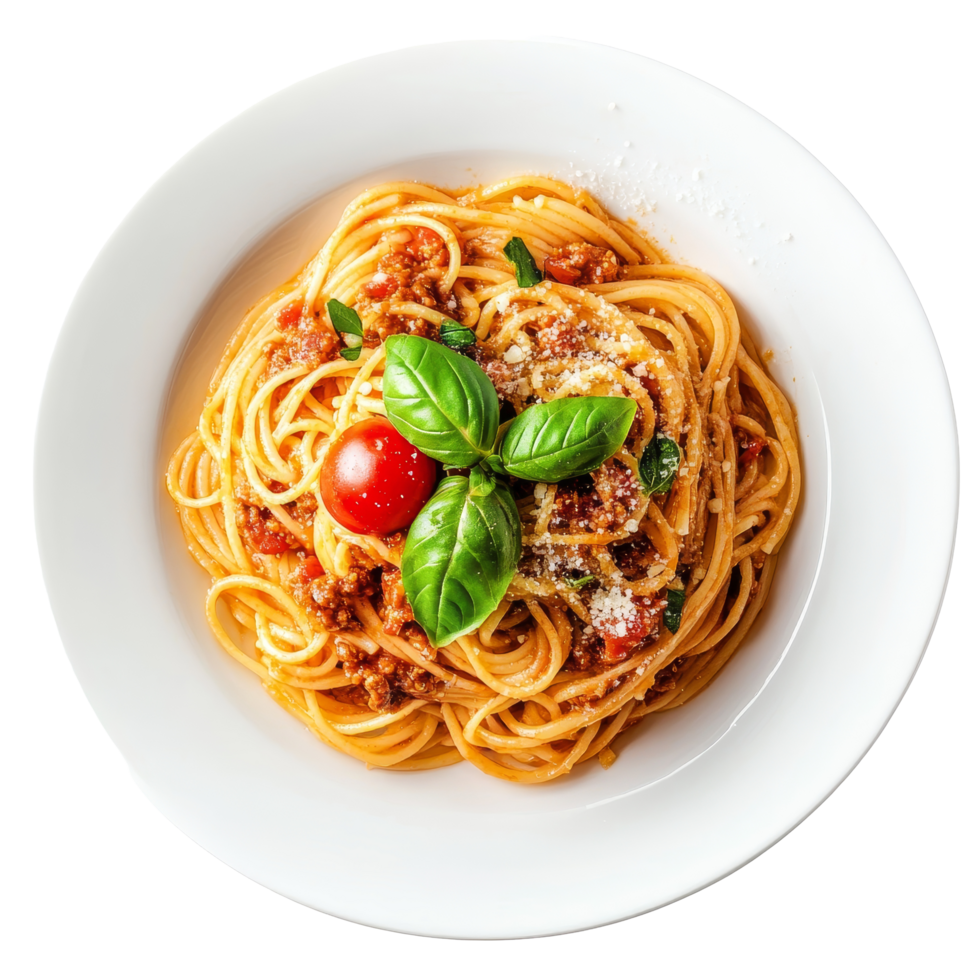 A vibrant bowl of pasta bolognese is beautifully presented with fresh basil and cherry tomatoes on a transparent background, Delicious pasta bolognese on transparent background png