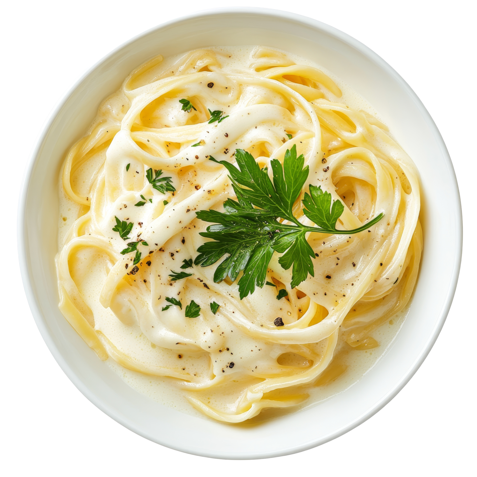 A delicious bowl of fettuccini alfredo with garnish viewed from above, a bowl of fettucini alfredo with garnish, top view, isolated transparent background png
