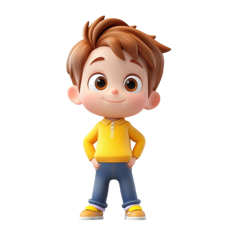 A cheerful cartoon child in a yellow outfit standing confidently against a transparent background, 3d cartoon of little childisolated transparent background png