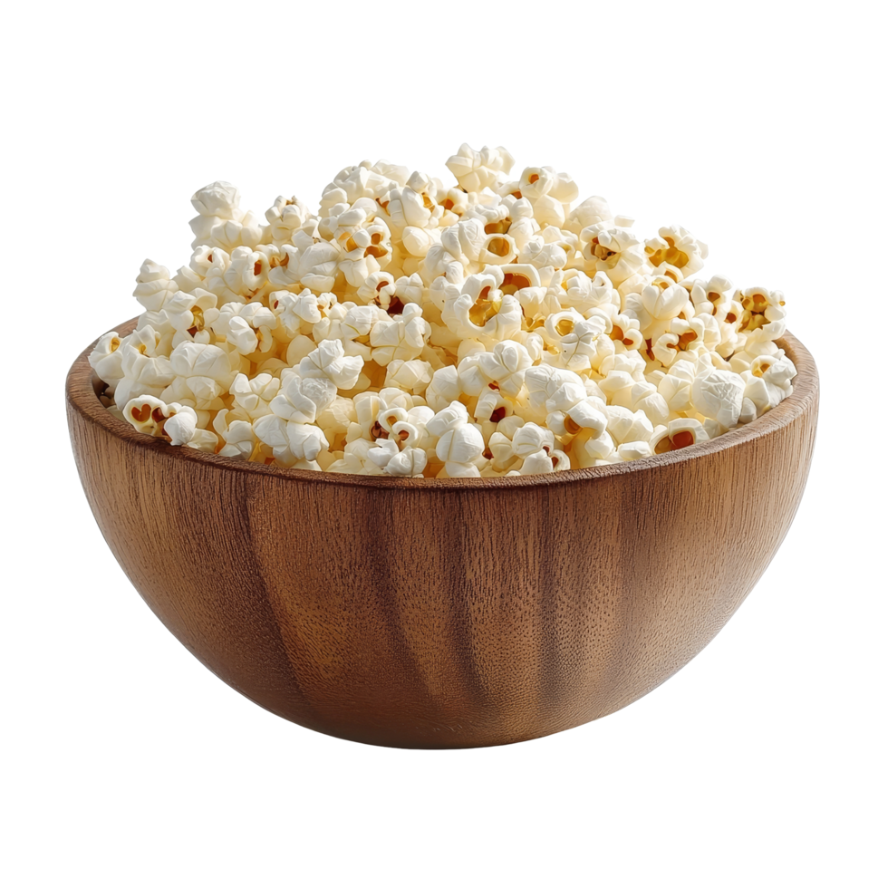 A wooden bowl filled with freshly popped popcorn on a clean transparent background perfect for snacking or movie nights, popcorn in wood bowl isolated on transparent background png