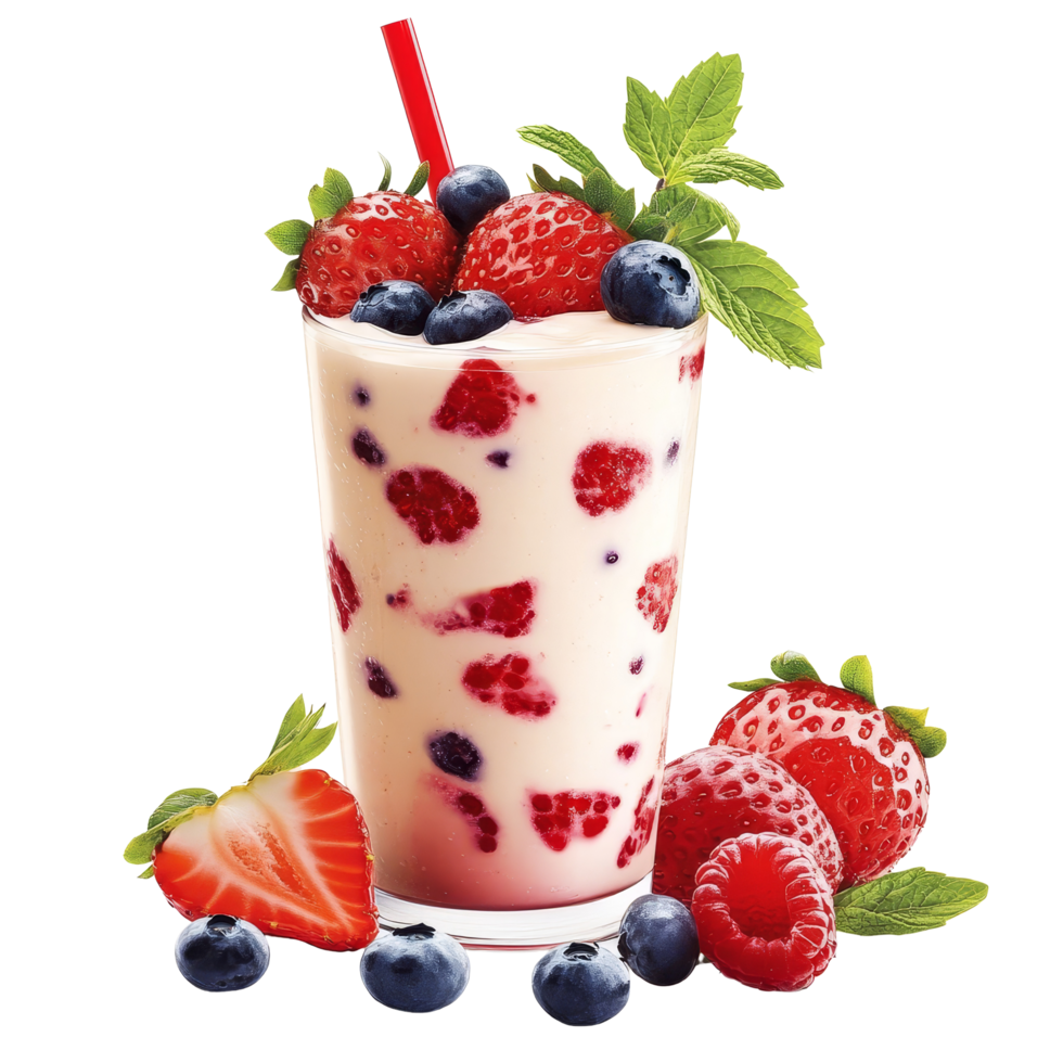Delicious yogurt drink with strawberries and blueberries garnished with mint leaves, Strawberries and blueberries yogurt drink png