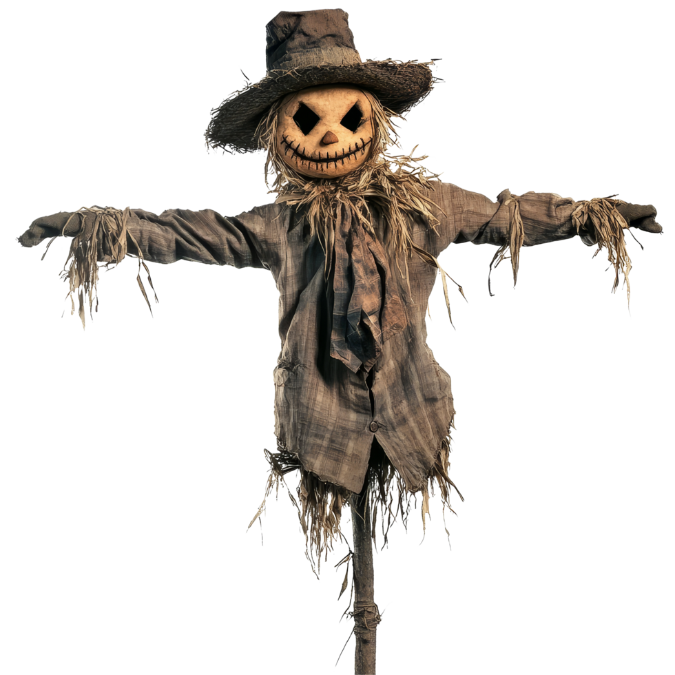 Scary scarecrow standing alone against a transparent background with sharp features and tattered clothing, ready for Halloween, Scary Scarecrow Isolated on transparent background png