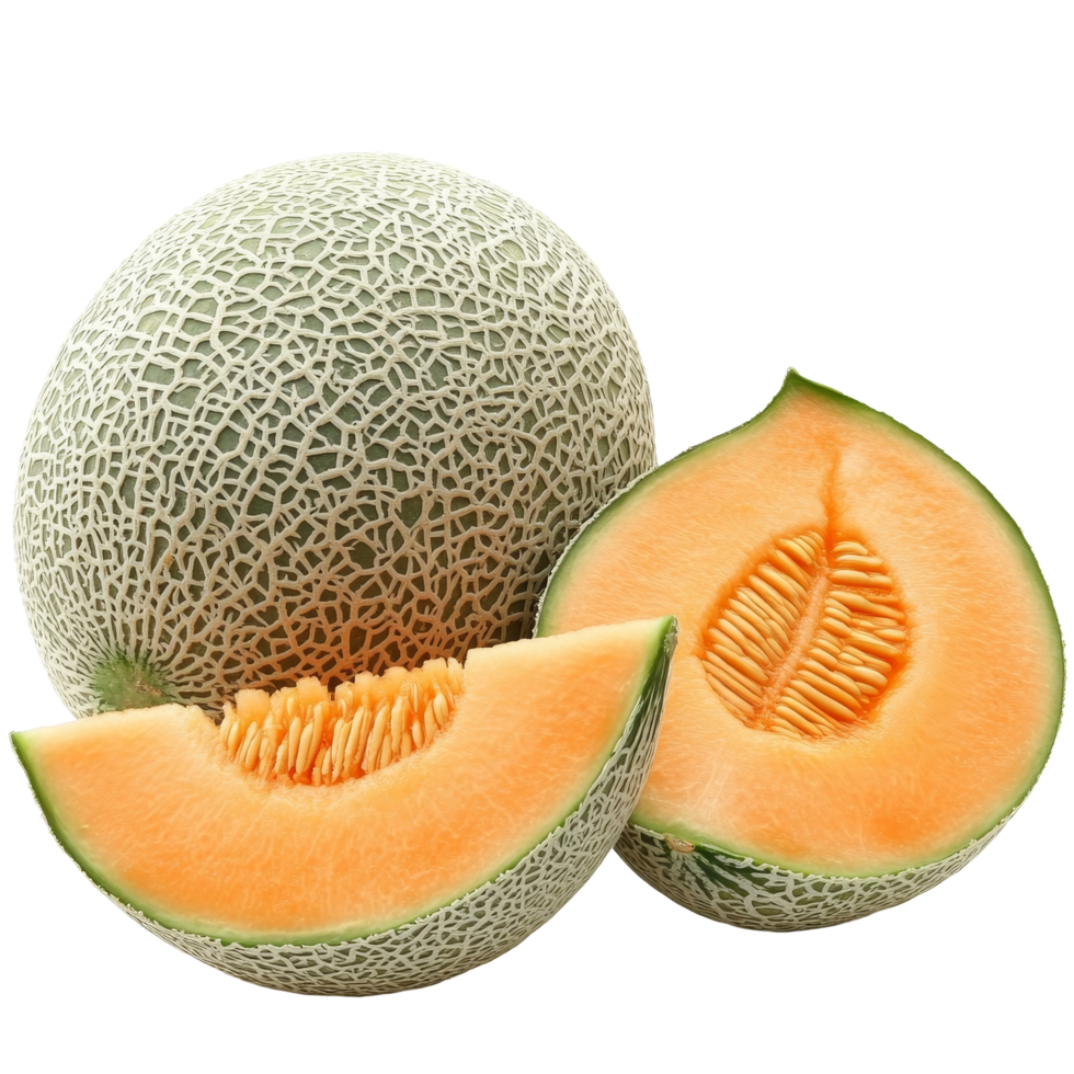 Fresh melons and cantaloupe halves displayed on a clean transparent background for easy viewing and selection, melons or cantaloupe isolated on transparent background png