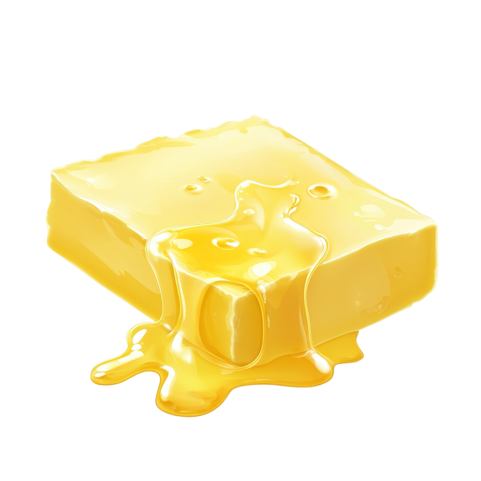 Melting butter atop a smooth surface, showcasing rich textures and vibrant color contrast, A piece of melting butter isolated png