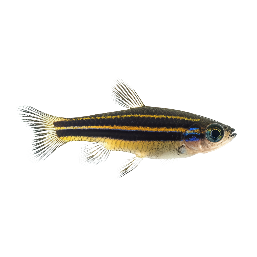 Zebra danio fish swimming gracefully on a transparent background showcasing its striped pattern and vibrant colors, zebra danio fish, isolated transparent background png