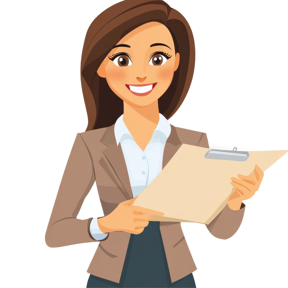 Happy woman holding a clipboard celebrating her successful recruitment at an office environment, file no background Happy woman recruited after the job interview png