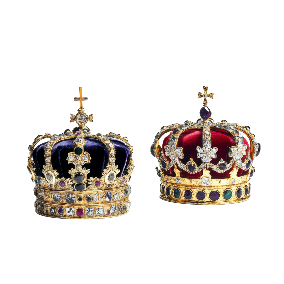 Jewelled royal crowns on a plain transparent background showcase elegance and historical significance, Royal Crowns on transparent background png