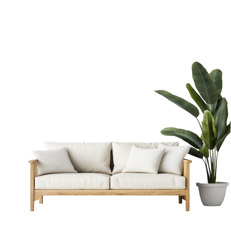 Stylish sofa and lush plant complementing a bright transparent interior design for modern living spaces, Sofa and plant on transparent background png