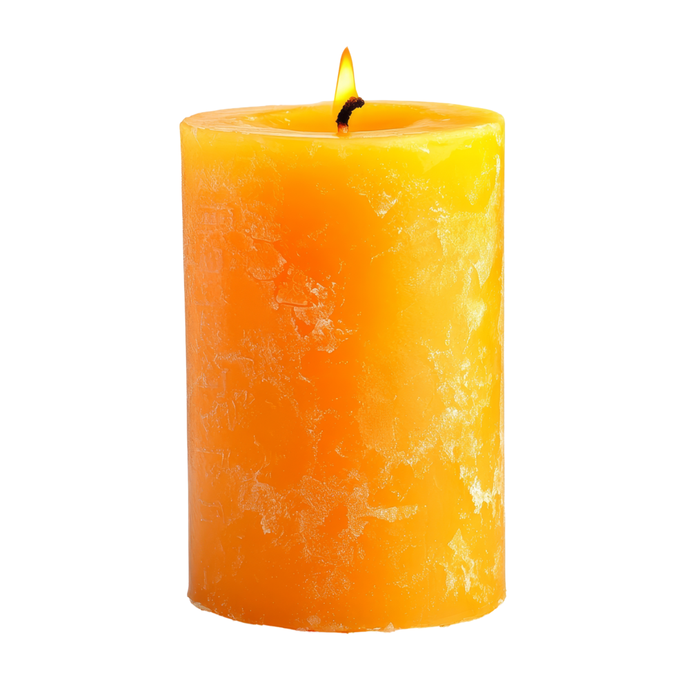 A vibrant orange candle with a gentle flame glowing against a pure transparent background, orange candle with flame isolated on transparent background png