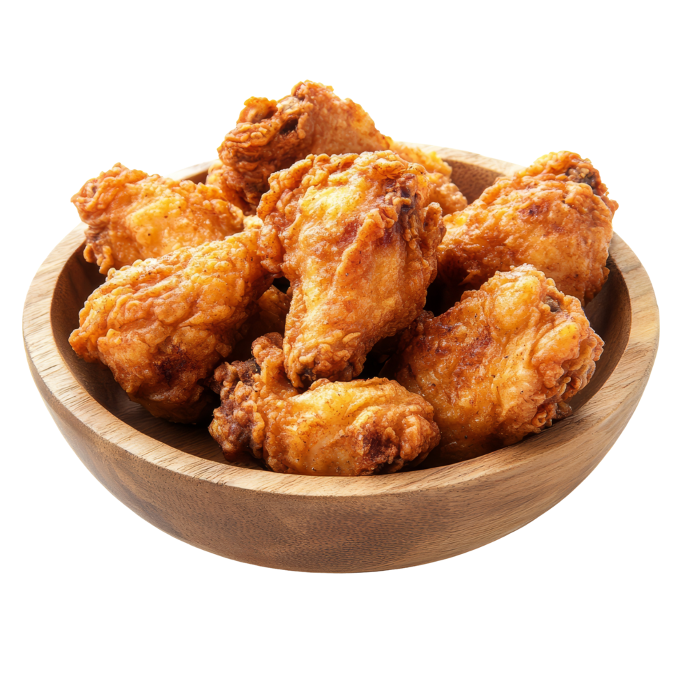 Deliciously crispy fried chicken served in a rustic wooden bowl on a clean transparent background, Tasty fried chicken in a wooden plate on a transparent background png