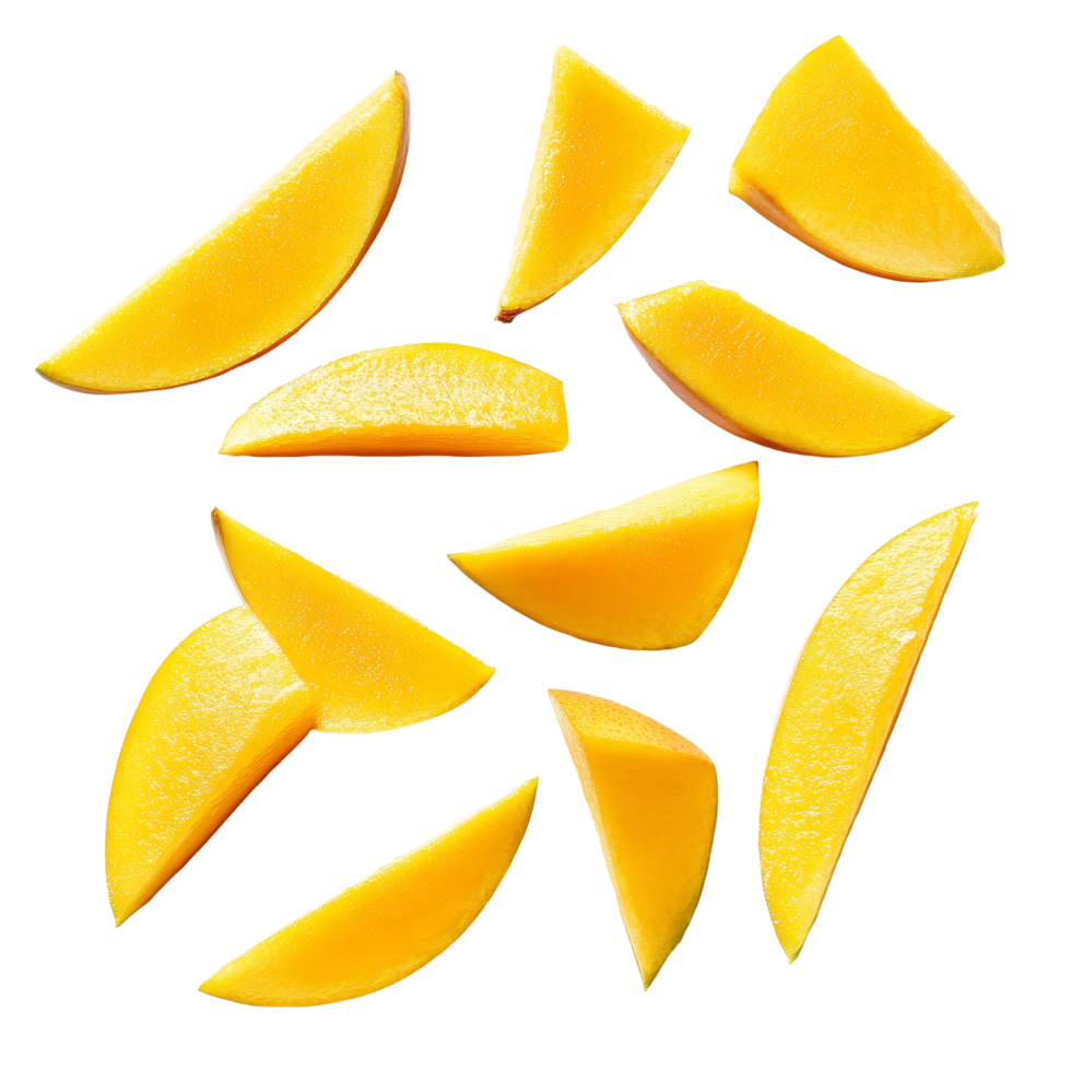 Fresh mango slices arranged on a clean transparent background for a colorful and healthy snack presentation, mango slices on transparent background png