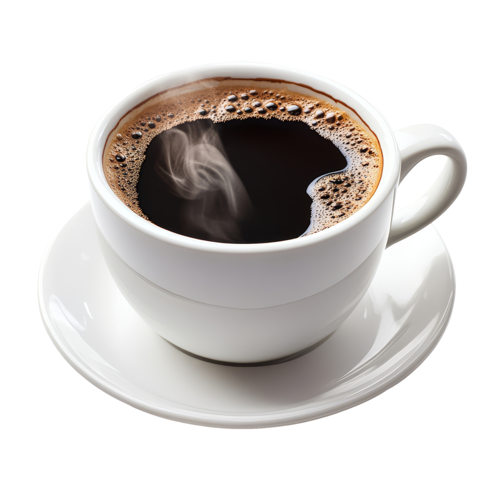 A steaming cup of hot black coffee served on a transparent saucer against a clean transparent backdrop, Cup of coffee with hot black coffee on transparent backgroundfile png