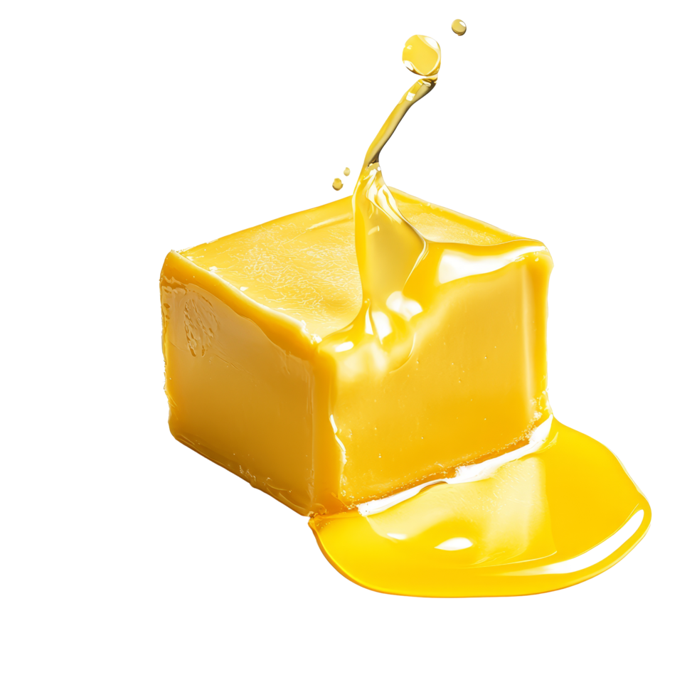 A vibrant cube of butter melting and pooling on a smooth surface, showcasing its rich yellow color in a like setting, Cube butter melting isolated png