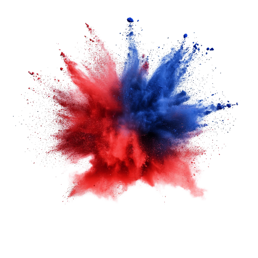 Vibrant red and blue color powder explosion creating a striking visual effect against a transparent background, red and blue color powder pulver explosion isolated on transparent background png
