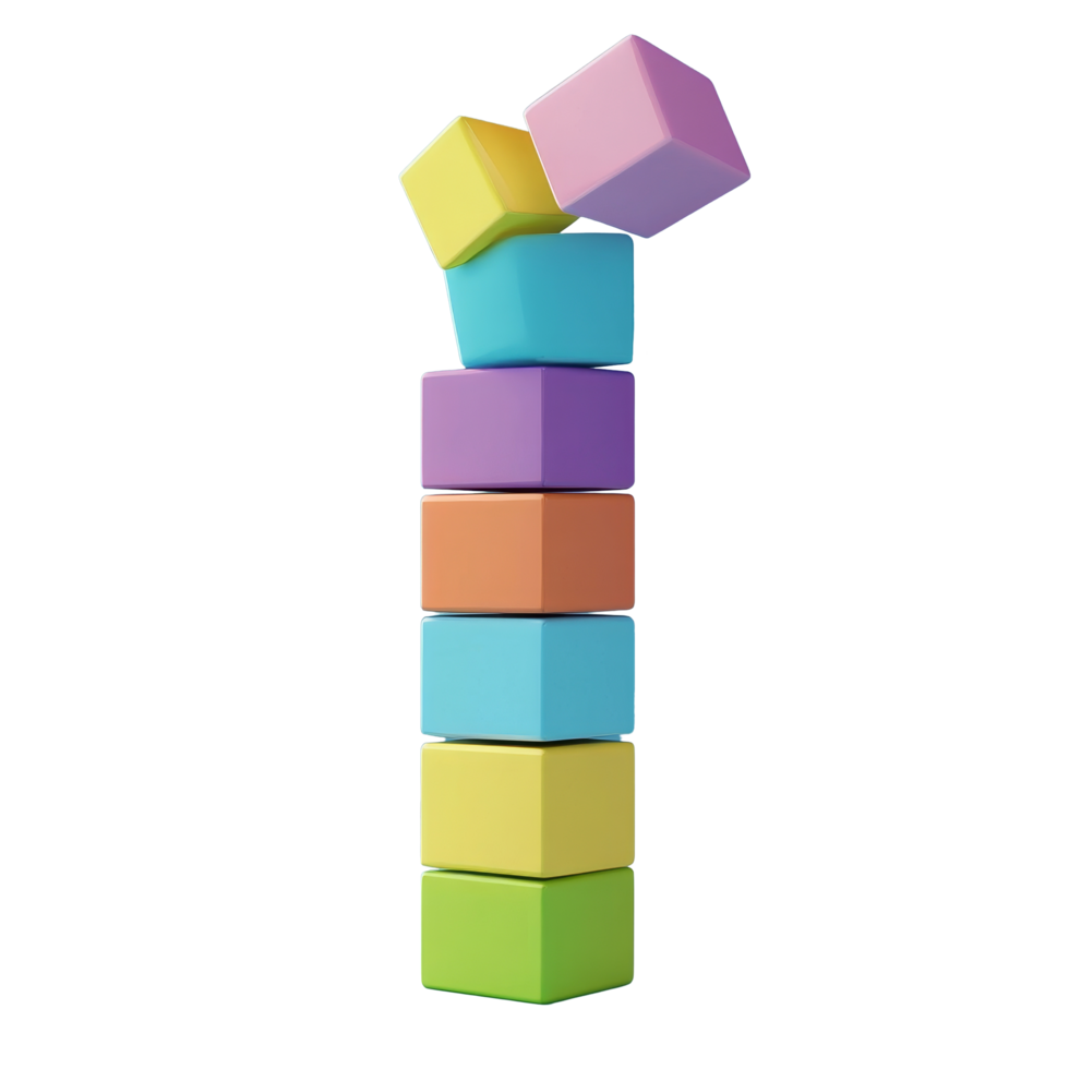 Colorful stacking cubes create a playful tower against a blue background showcasing creativity and fun activities, Stacking colorful cubes Stock Illustration png