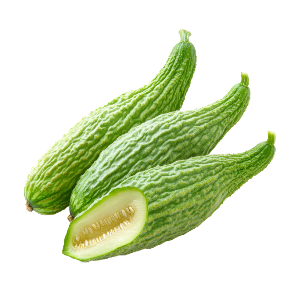 Bitter melon on a transparent background showcasing its distinct texture and unique shape, bitter melon isolated on transparent background png