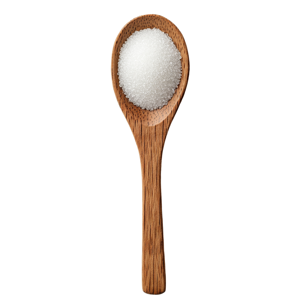 A wooden spoon with granulated sugar placed on a clean transparent background for culinary use and presentation, sugar in wood spoon on transparent background png