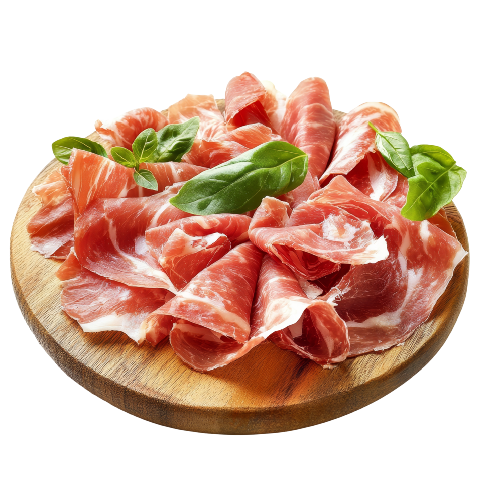Sliced prosciutto arranged on a wooden plate, garnished with fresh basil leaves against a clean transparent background, Prosciutto on wooden plate isolated on transparent background png