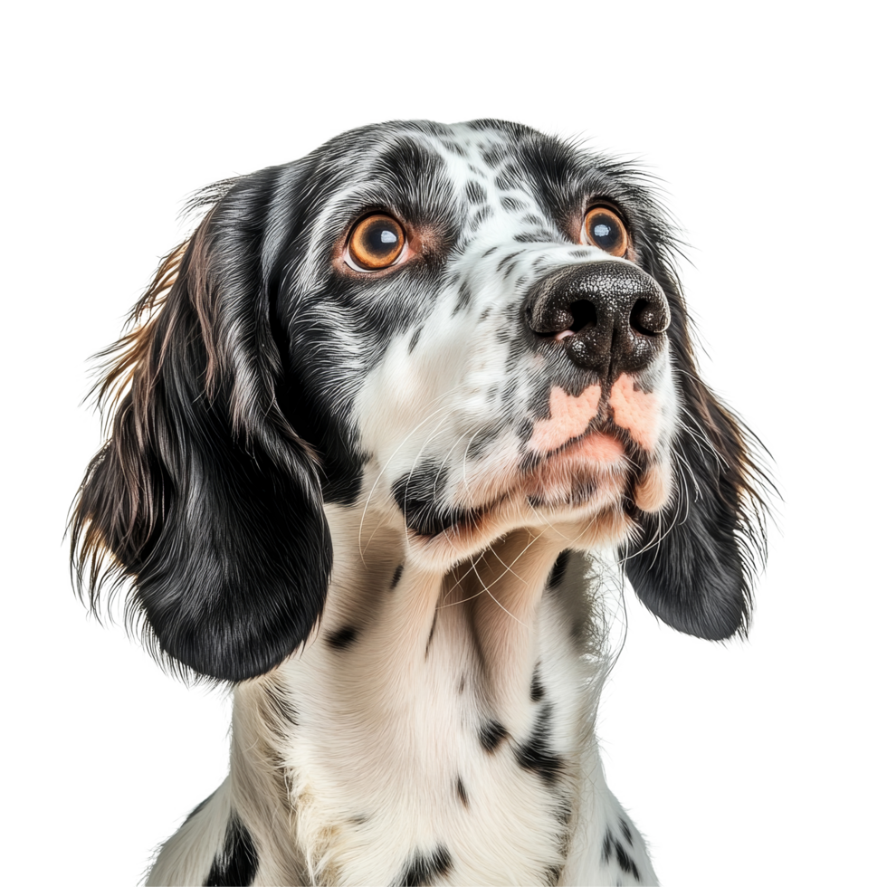 A thoughtful English Setter dog displaying its unique features against a clean transparent background, English Setter dog isolated on transparent background png