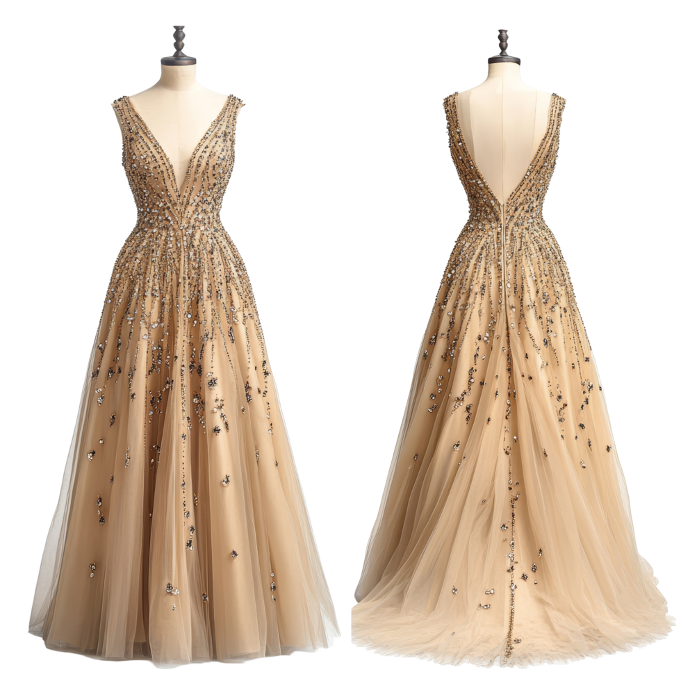 Elegant beige beaded gown mockup showcasing intricate detailing from the front and back for fashion design inspiration, Elegant Beige Beaded Gown Mockup from Front and Back Views on transparent png