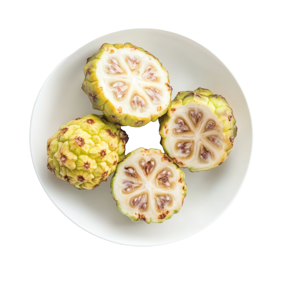 Exotic noni fruit displayed on a transparent plate against a clean transparent background for a fresh visual appeal, Exotic Fruit Noni in transparent plate on transparent background png