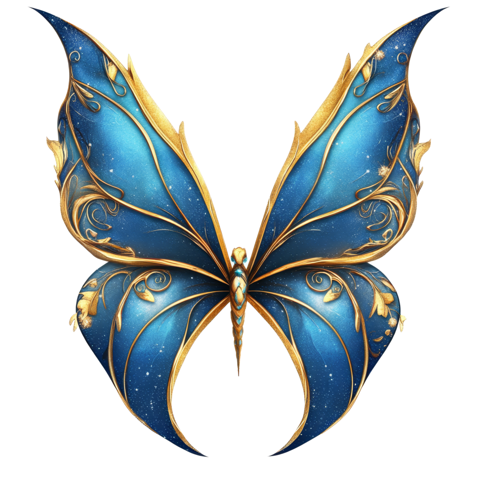 Beautiful blue and gold fairy wings with a sparkling design in a whimsical setting, Blue and Gold Fairy Wings with Sparkling Design, Isolated on transparent background png