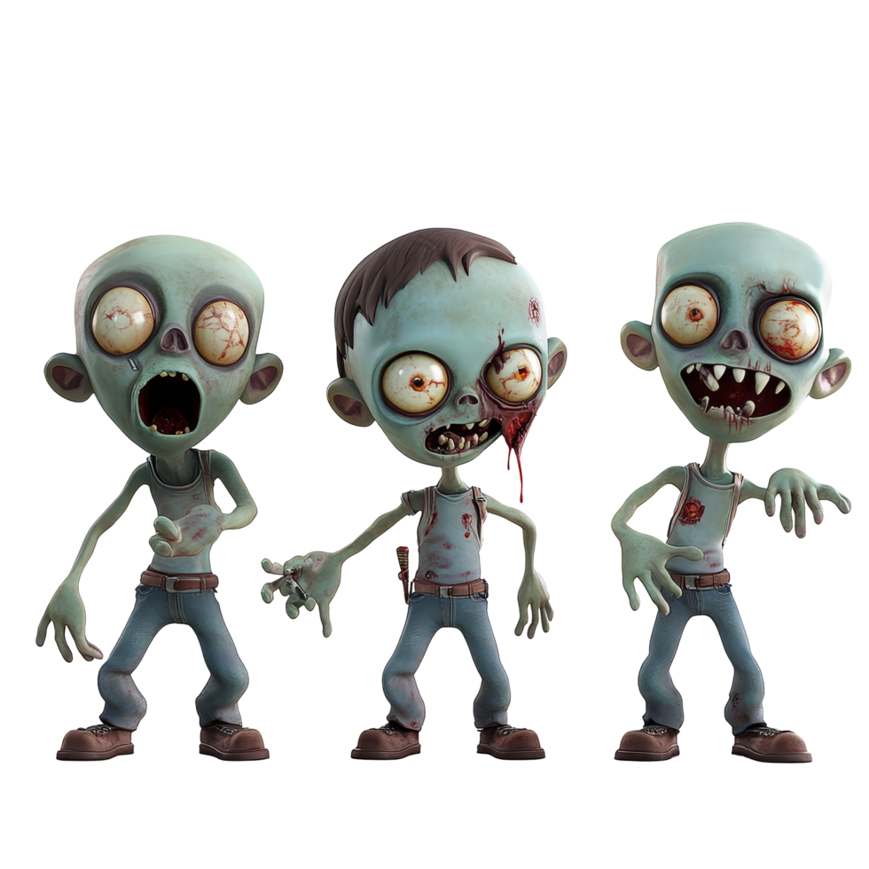Colorful cartoon zombie characters showcasing unique features against a transparent background, 3D Cartoon Zombie Characters on transparent background png
