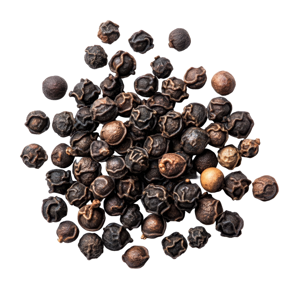 Black peppercorns scattered on a transparent surface showcasing natural texture and rich color variations, Black Peppercorns isolated on transparent background png
