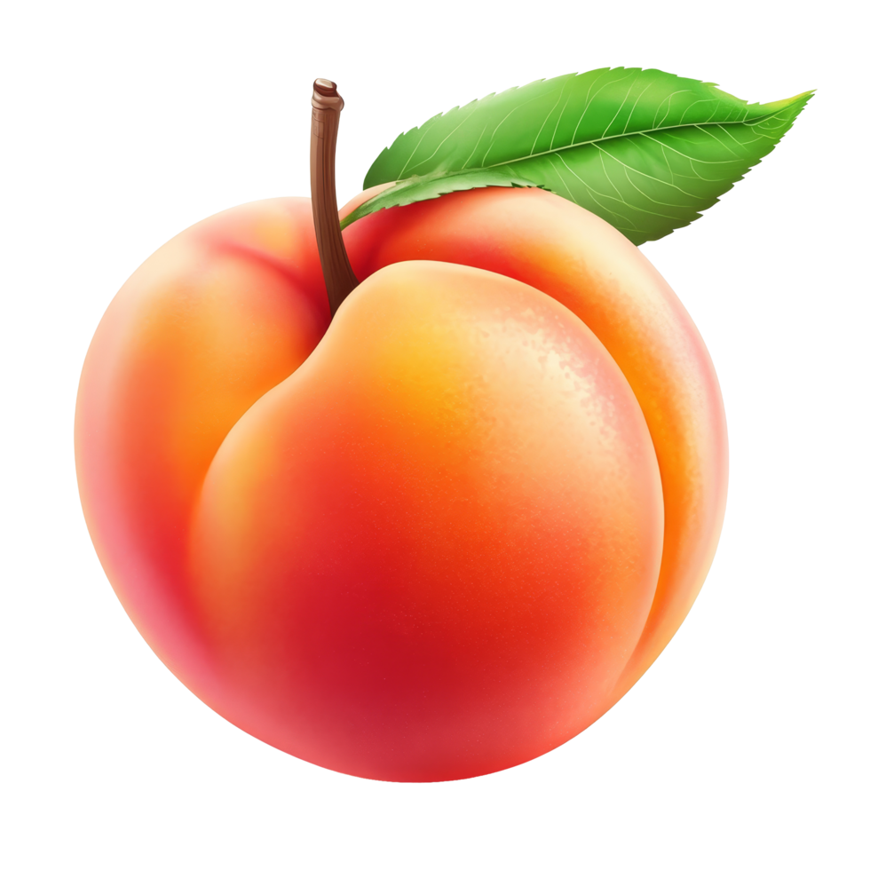 Fresh peach fruit with green leaf on a clean transparent background highlighting its vibrant color and natural beauty, peach fruit with leaf isolated on transparent background png