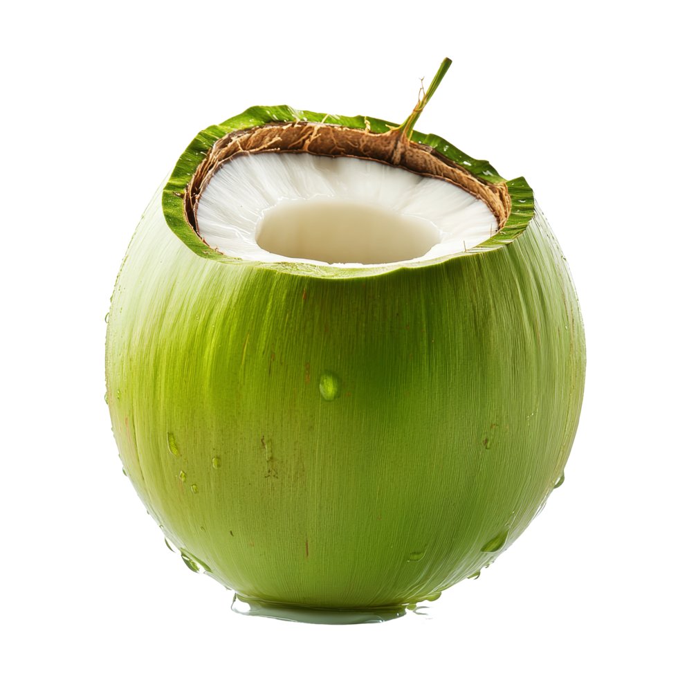 Fresh young green coconut with dew drops reflecting freshness and natures bounty isolated on a transparent background, Green young coconut with drop water isolated on transparent background png