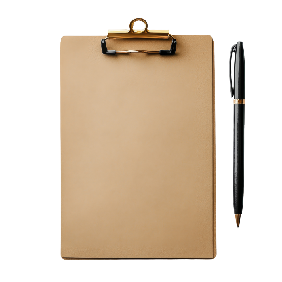 A small brown clipboard with a pen resting beside it on a plain transparent background for writing notes and ideas, Small brown clipboard with pen. Single clipboardwriting board with papers png