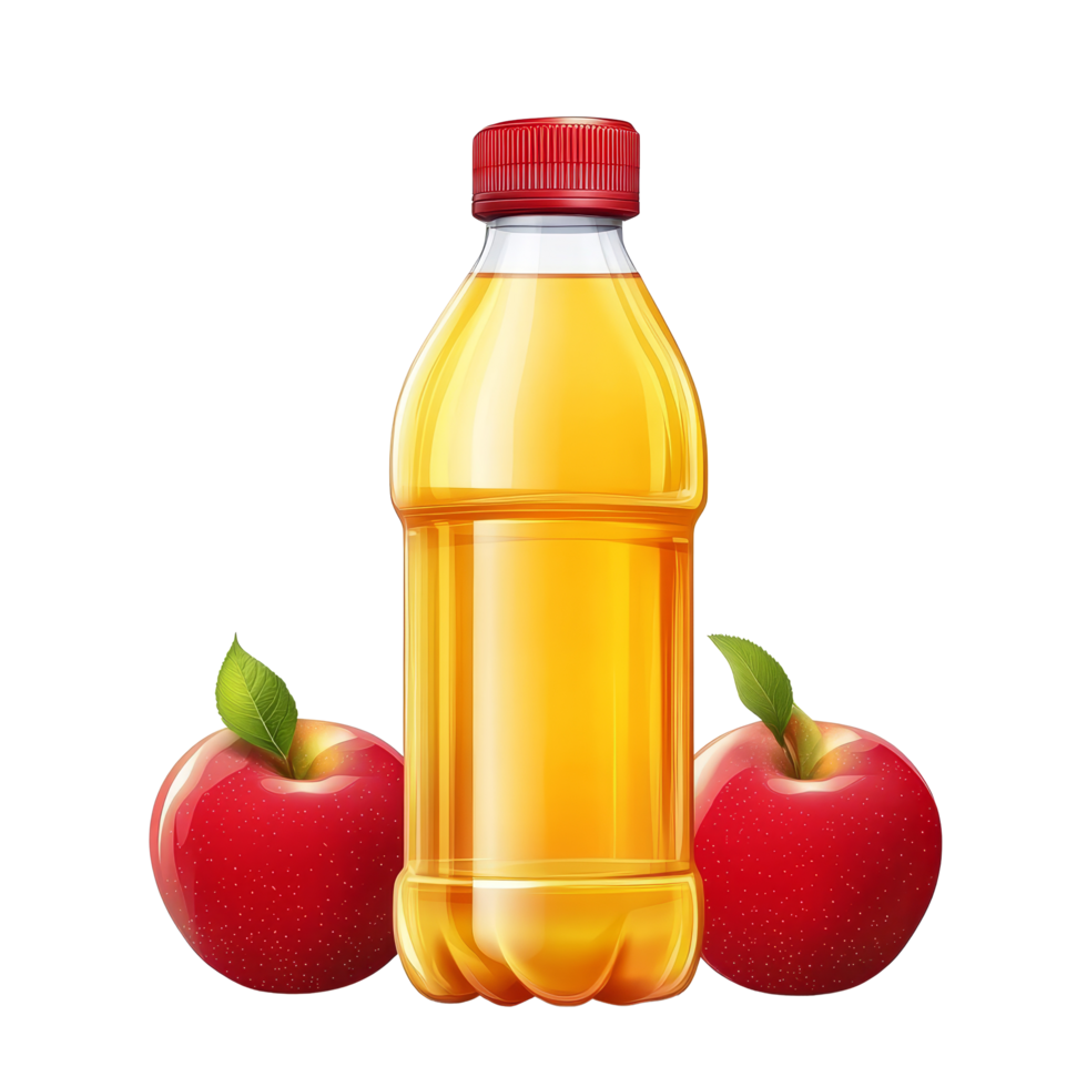 Refreshing apple juice bottle with vibrant red apples against a clean transparent background, Bottle of apple juice with red apples isolated png