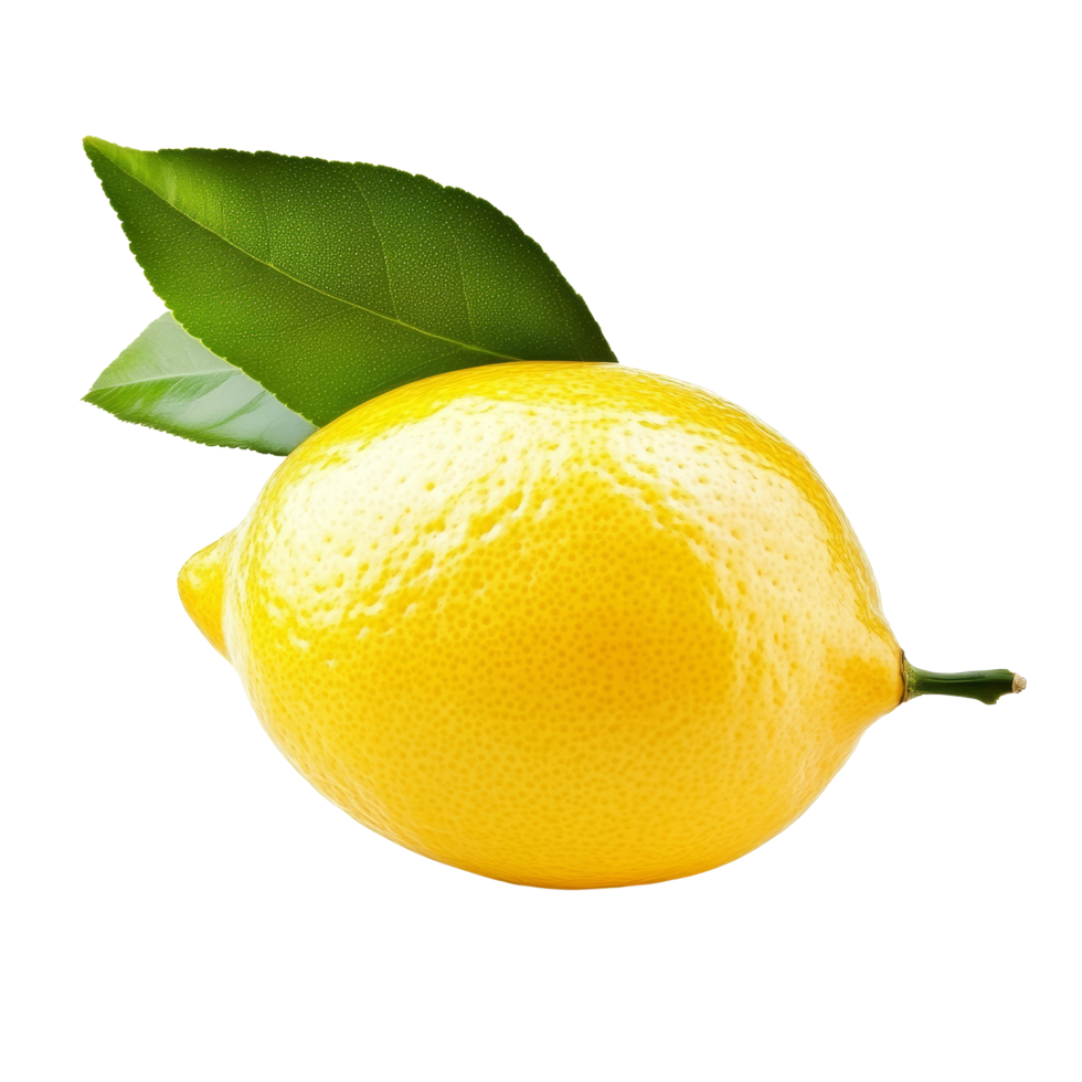 Fresh lemon fruit with vibrant green leaf isolated on a clean transparent background for culinary and health uses, lemon fruit with leaf isolated on transparent background png