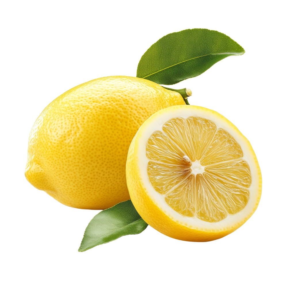 Fresh yellow lemon fruit with vibrant green leaf, showcasing juicy interior on transparent background, yellow lemon fruit with leaf isolated on transparent background png