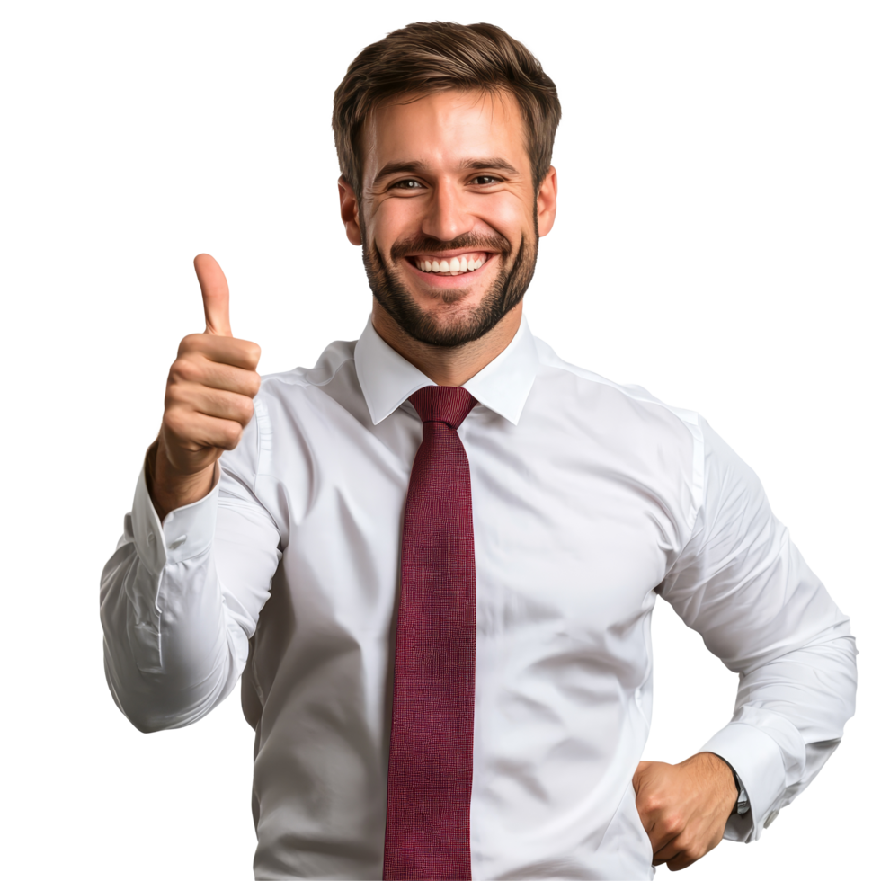 Confident businessman smiling and giving a thumbsup while standing in a neutral setting during daylight, Confident businessman pointing and smiling file no background png