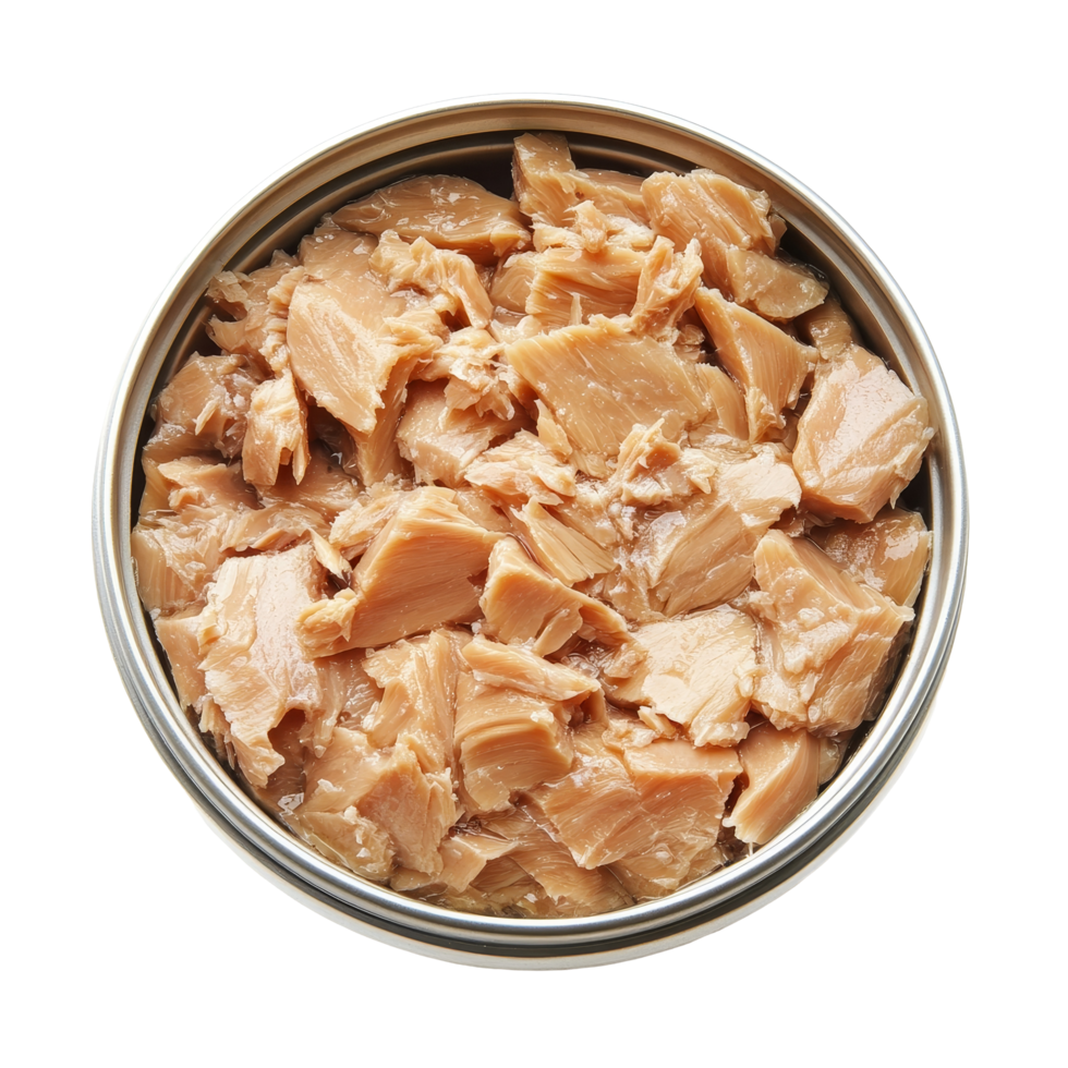 Canned tuna fills a metal container, ready for meals and recipes in a bright, clean setting on a transparent background, canned tuna isolated on transparent background png