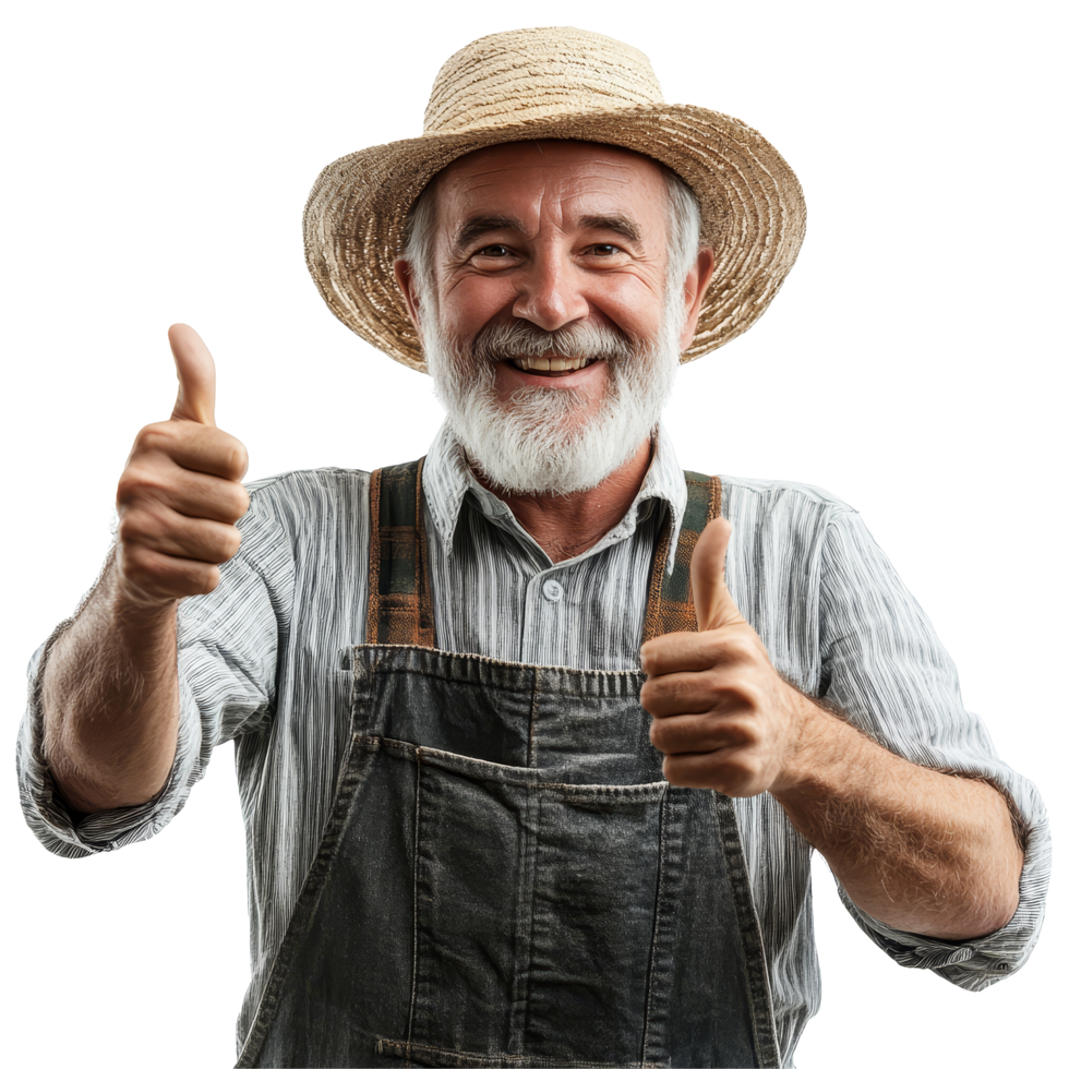 Happy professional gardener in a straw hat giving a thumbs up with enthusiasm after a successful planting session, Happy professional gardener giving a thumbs up png