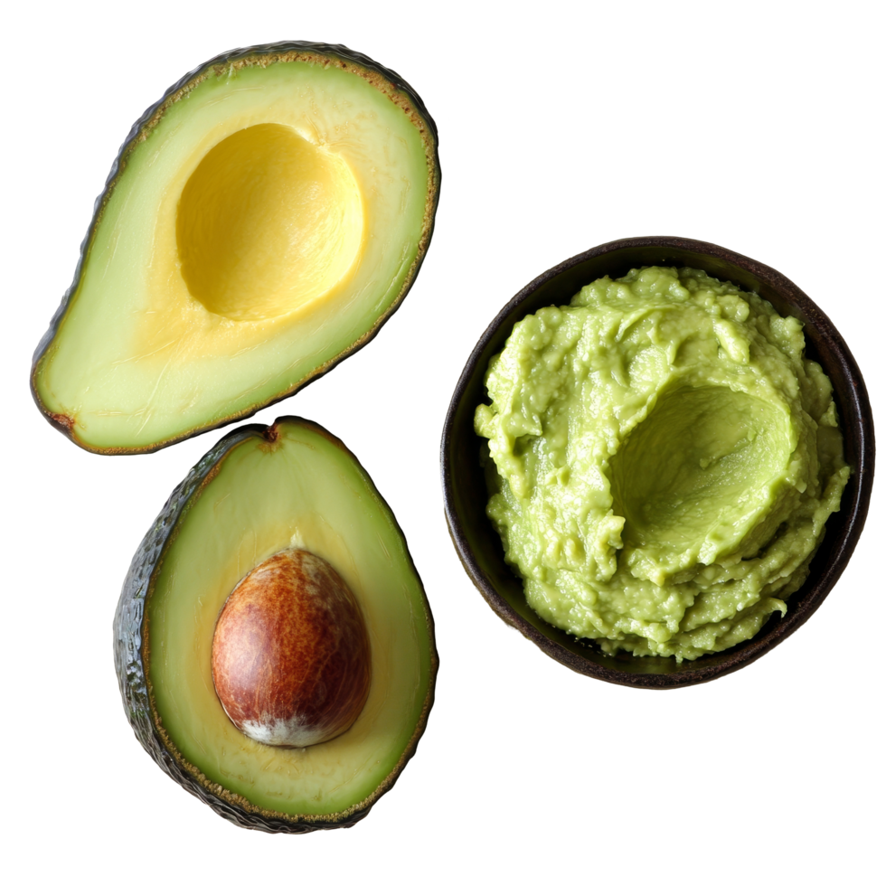 Freshly cut avocado with creamy spread on a light textured surface, Avocado, cut avocado and avocado spread png