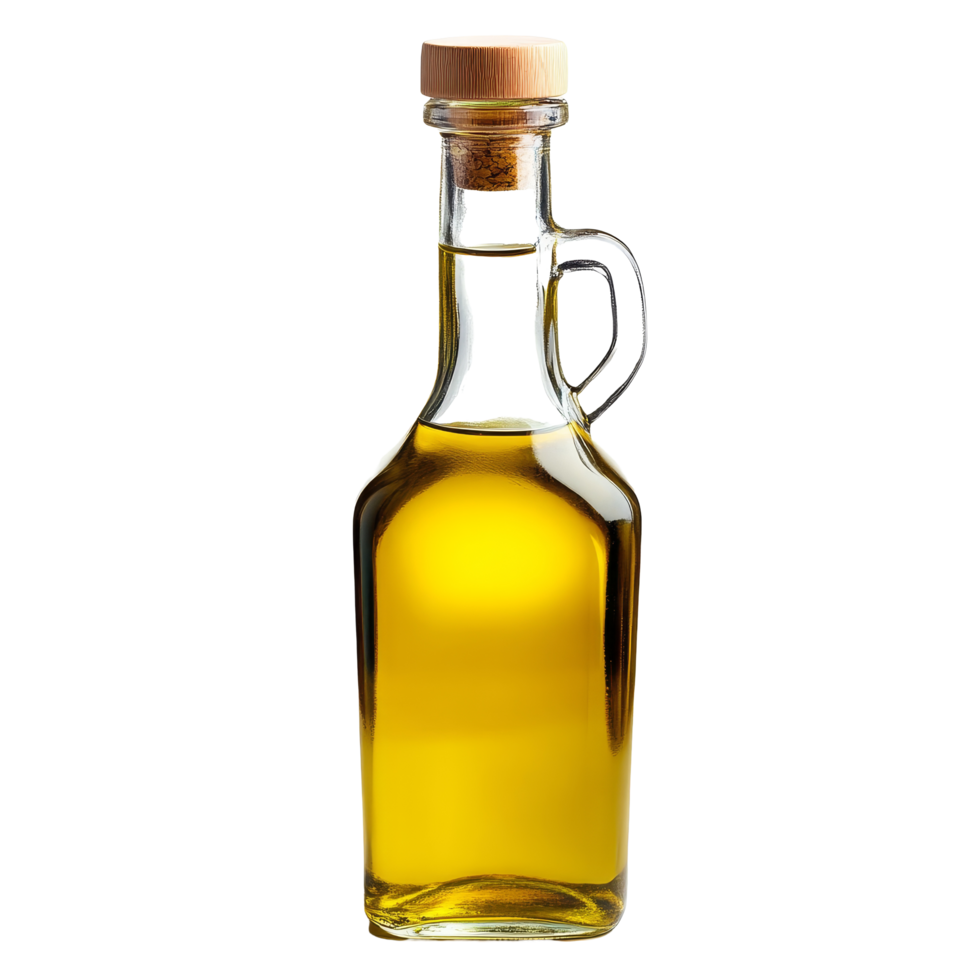 Pure olive oil in a clear glass bottle with a cork stopper, isolated on transparent background for culinary use, Olive oil in a glass bottle isolated png