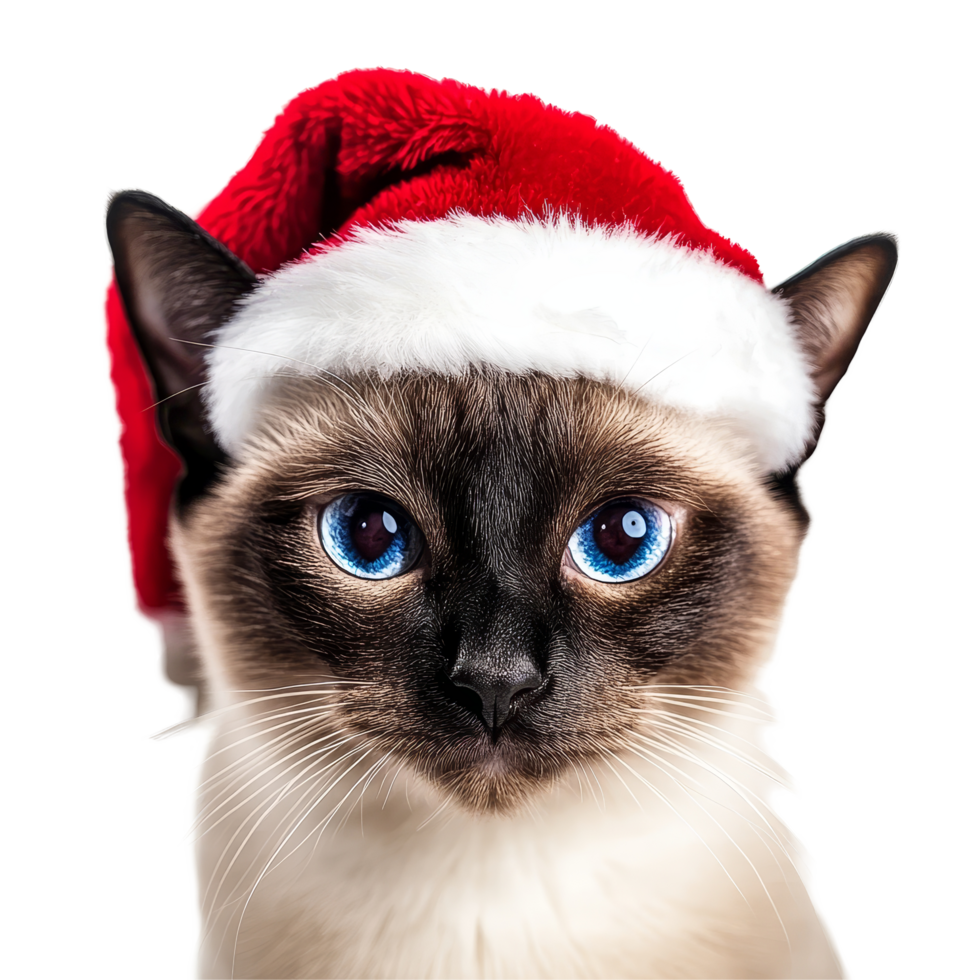 Siamese cat in a festive Christmas hat against a transparent background, bringing holiday cheer, Siamese cat wearing a christmas hat isolated on transparent background png